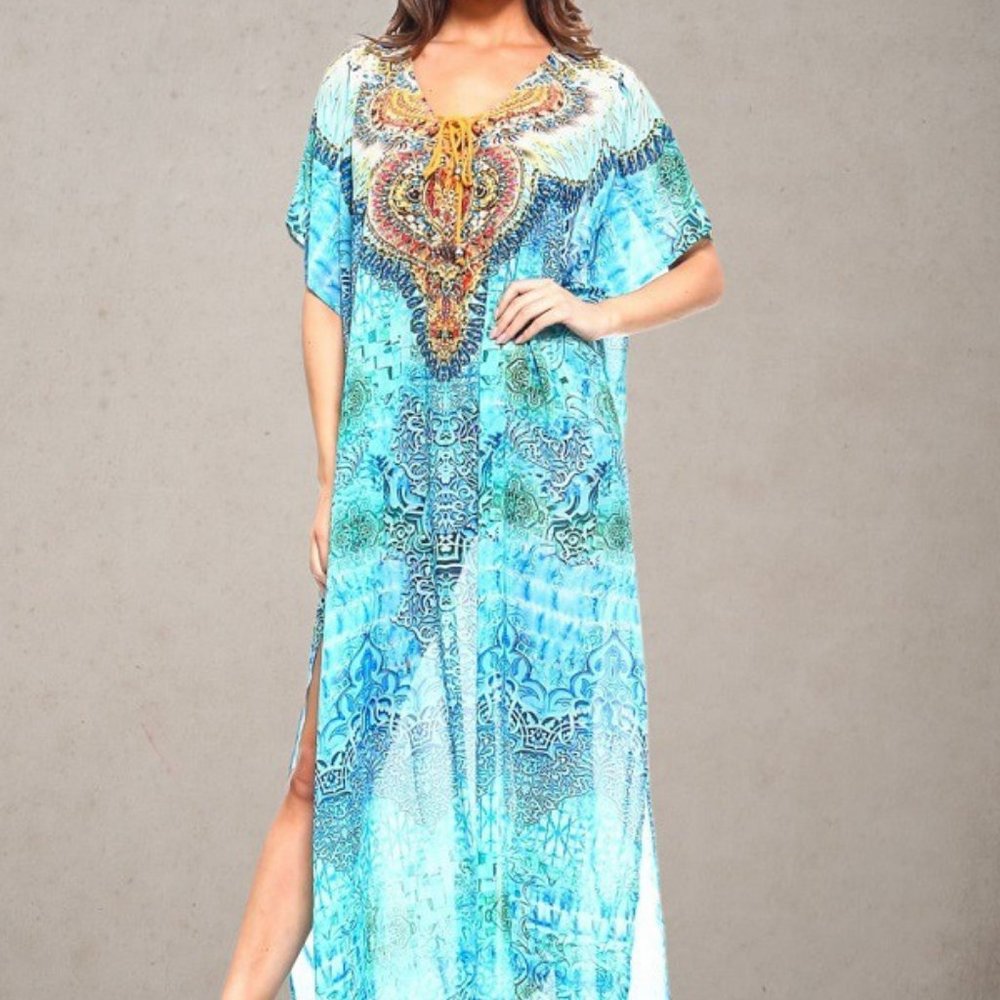 new TRENDOLOGY RESORT VACATION BEEECH WEAR kimono kaftan dress embellished AQUA